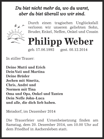 Traueranzeige von Philipp Weber von WVG - Wochenspiegel Aschersleben