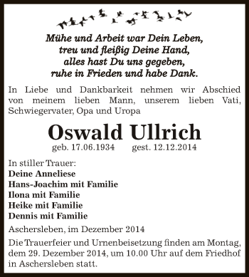 Traueranzeige von Oswald Ullrich von Super Sonntag Aschersleben