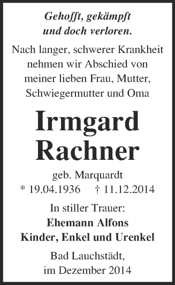 Traueranzeige von Irmgard Rachner von WVG - Wochenspiegel Merseburg