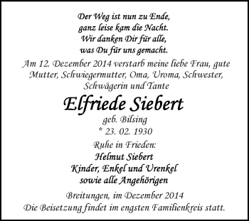 Traueranzeige von Elfriede Siebert von WVG - Wochenspiegel SGH