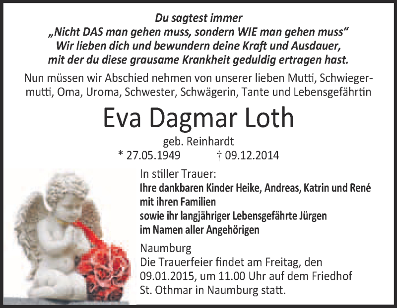  Traueranzeige für Eva Dagmar Loth vom 17.12.2014 aus WVG - Wochenspiegel NMB / WSF / ZTZ