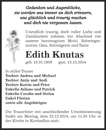 Traueranzeige von Edith Knutas von WVG - Wochenspiegel Bernburg