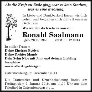 Traueranzeige von Ronald Saalmann von WVG - Wochenspiegel Dessau / Köthen