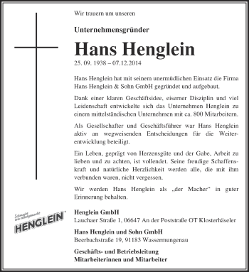 Traueranzeige von Hans Henglein von WVG - Wochenspiegel NMB / WSF / ZTZ