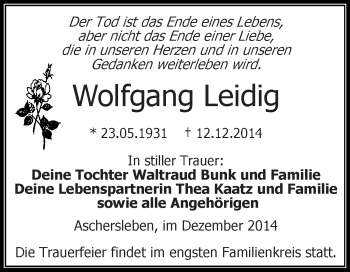 Traueranzeige von Wolfgang Leidig von WVG - Wochenspiegel Aschersleben