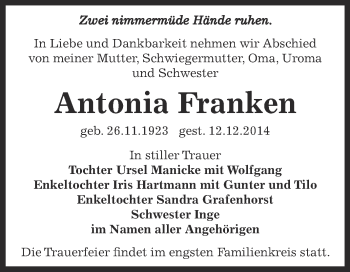 Traueranzeige von Antonia Franken von Super Sonntag Bernburg