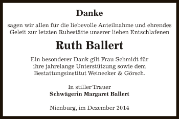 Traueranzeige von Ruth Ballert von Super Sonntag Bernburg