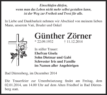 Traueranzeige von Günther Zörner von Super Sonntag Merseburg