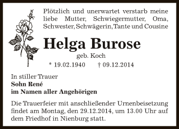 Traueranzeige von Helga Burose von Super Sonntag Bernburg