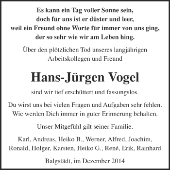 Traueranzeige von Hans-Jürgen Vogel von WVG - Wochenspiegel NMB / WSF / ZTZ
