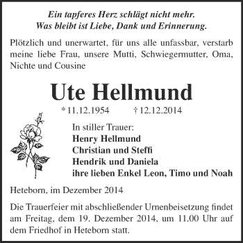 Traueranzeige von Ute Hellmund von WVG - Wochenspiegel Quedlinburg