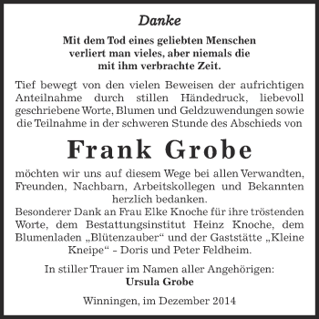 Traueranzeige von Frank Grobe von WVG - Wochenspiegel Aschersleben