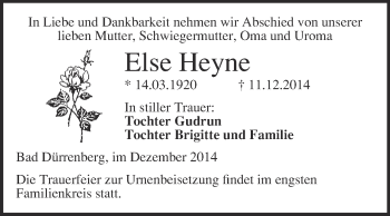 Traueranzeige von Else Heyne von Super Sonntag Merseburg