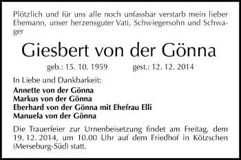 Traueranzeige von Giesbert von der Gönna von WVG - Wochenspiegel Merseburg