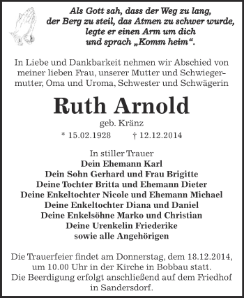 Traueranzeige von Ruth Arnold von WVG - Wochenspiegel Bitterfeld