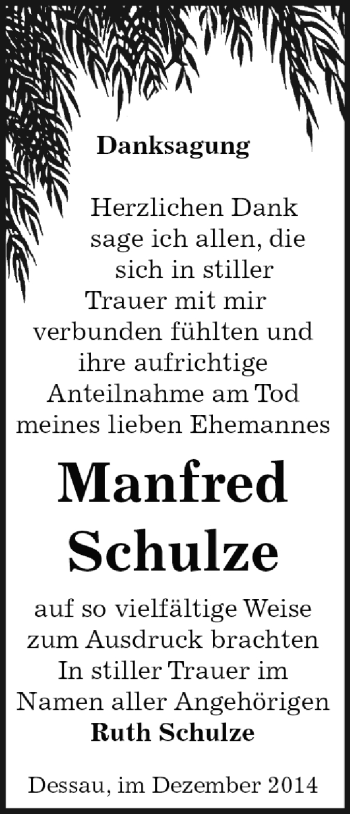 Traueranzeige von Manfred Schulze von WVG - Wochenspiegel Dessau / Köthen