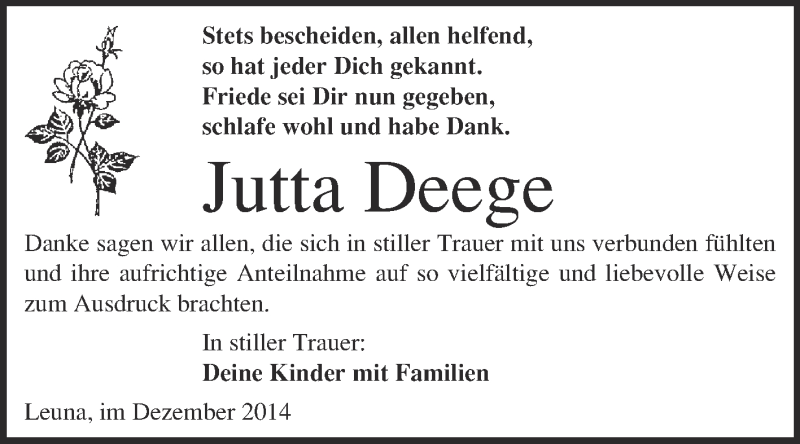  Traueranzeige für Jutta Deege vom 21.12.2014 aus WVG - Wochenspiegel Merseburg