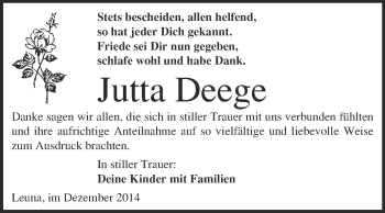 Traueranzeige von Jutta Deege von WVG - Wochenspiegel Merseburg
