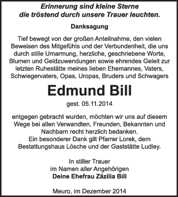 Traueranzeige von Edmund Bill von Super Sonntag Wittenberg