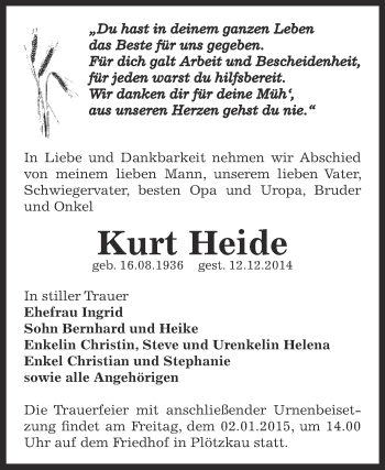 Traueranzeige von Kurt Heide von Super Sonntag Bernburg