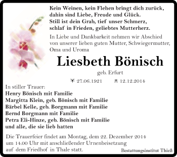 Traueranzeige von Liesbeth Bönisch von Super Sonntag Quedlinburg