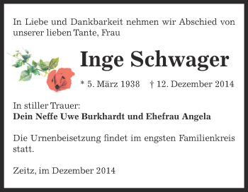 Traueranzeige von Inge Schwager von Super Sonntag Zeitz