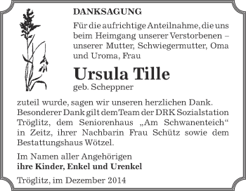 Traueranzeige von Ursula Tille von Super Sonntag Zeitz