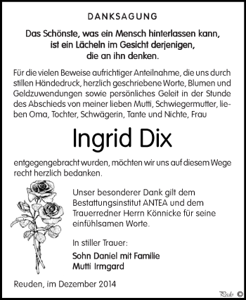 Traueranzeige von Ingrid Dix von Super Sonntag Zeitz