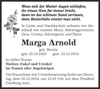 Traueranzeige von Marga Arnold von Super Sonntag Bernburg