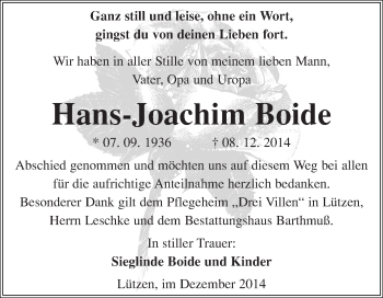 Traueranzeige von Hans-Joachim Boide von WVG - Wochenspiegel Merseburg