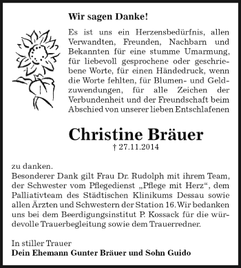 Traueranzeige von Christine Bräuer von WVG - Wochenspiegel Dessau / Köthen