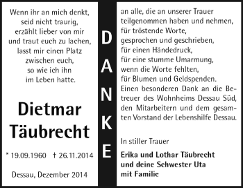 Traueranzeige von Dietmar Täubrecht von WVG - Wochenspiegel Dessau / Köthen