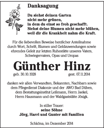 Traueranzeige von Günther Hinz von WVG - Wochenspiegel Wittenberg