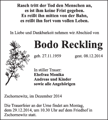Traueranzeige von Bodo Reckling von WVG - Wochenspiegel Wittenberg