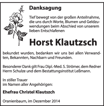 Traueranzeige von Horst Klautzsch von WVG - Wochenspiegel Wittenberg
