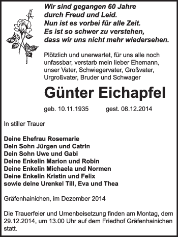 Traueranzeige von Günter Eichapfel von WVG - Wochenspiegel Wittenberg