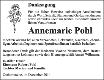 Traueranzeige von Annemarie Pohl von WVG - Wochenspiegel Wittenberg