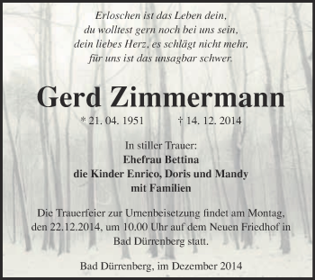 Traueranzeige von Gerd Zimmermann von Super Sonntag Merseburg