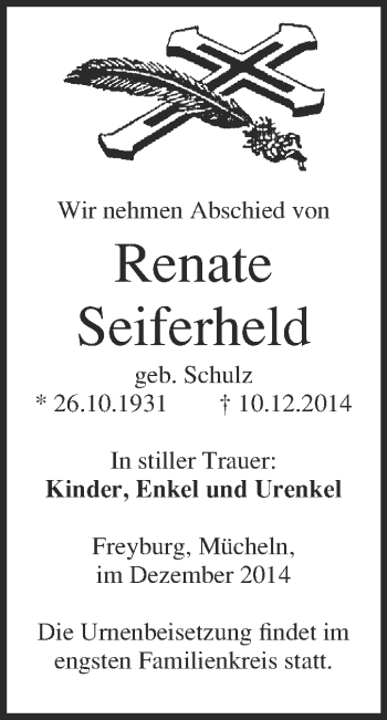 Traueranzeige von Renate Seiferheld von WVG - Wochenspiegel Merseburg