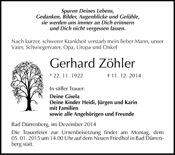 Traueranzeige von Gerhard Zöhler von WVG - Wochenspiegel Merseburg