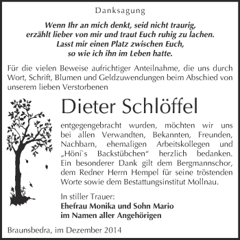 Traueranzeige von Dieter Schlöffel von WVG - Wochenspiegel Merseburg