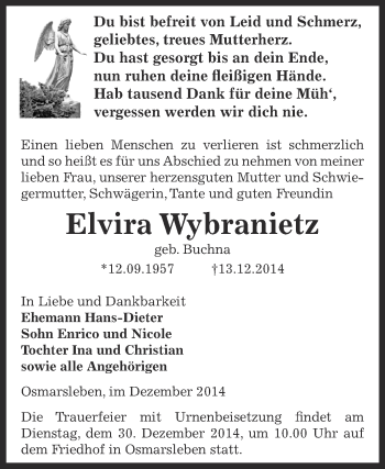 Traueranzeige von Elvira Wybranietz von Super Sonntag Bernburg