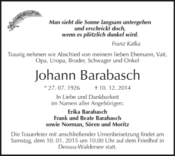 Traueranzeige von Johann Barabasch von WVG - Wochenspiegel Dessau / Köthen