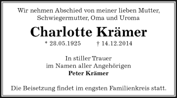 Traueranzeige von Charlotte Krämer von WVG - Wochenspiegel Dessau / Köthen