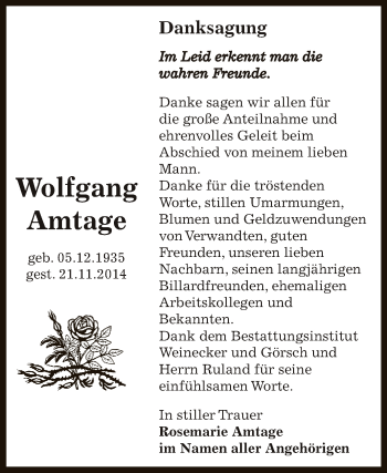 Traueranzeige von Wolfgang Amtage von Super Sonntag Bernburg