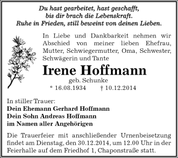 Traueranzeige von Irene Hoffmann von WVG - Wochenspiegel Dessau / Köthen