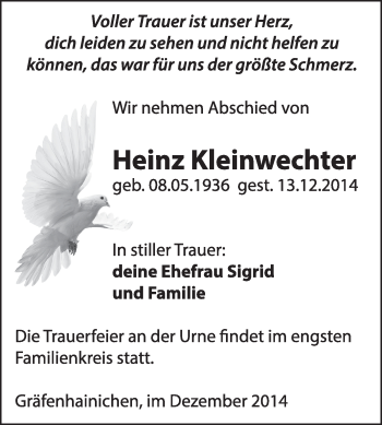 Traueranzeige von Heinz Kleinwechter von WVG - Wochenspiegel Wittenberg