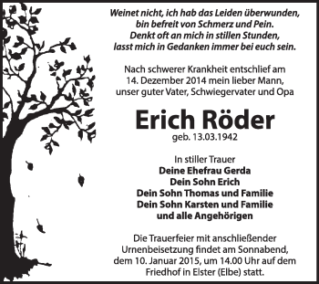 Traueranzeige von Erich Röder von WVG - Wochenspiegel Wittenberg