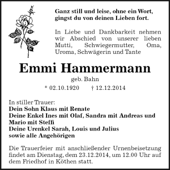 Traueranzeige von Emmi Hammermann von WVG - Wochenspiegel Dessau / Köthen