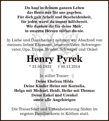 Traueranzeige von Henry Pyrek von WVG - Wochenspiegel Dessau / Köthen